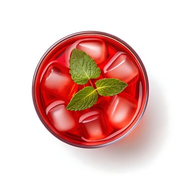 Refreshing iced cranberry drink garnished with a vibrant mint sprig, a cool summer beverage captured from an overhead view with bright, clear lighting.