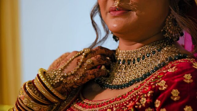 Bride dressed in traditional red Indian clothes with beautiful neckless on her neck , Elements of Hindu wedding. Close up view.