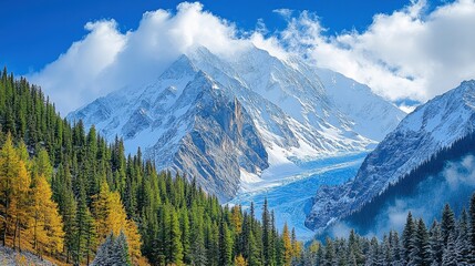 Fototapeta premium Majestic Mountain Range with Glacier and Lush Forest