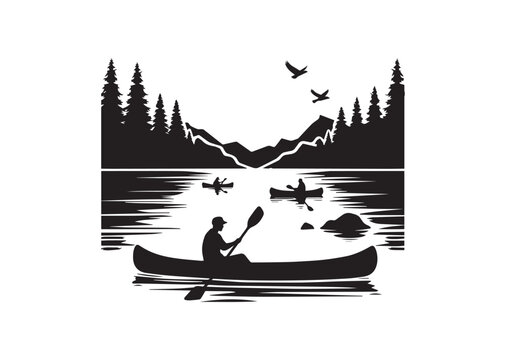 black canoe on lake landscape clip art preview