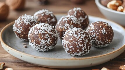 Close-up view of a plate filled with delicious and tempting chocolate balls, adorned with delicate coconut flakes