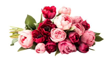Bouquet of pink and red tulips with green leaves, cut out transparent