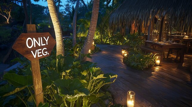 A serene outdoor dining area with a wooden sign indicating a vegetarian menu amidst lush greenery at twilight.