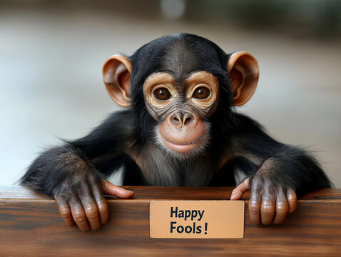 Playful young chimpanzee with "Happy Fools!" sign, showcasing cheerful expression
