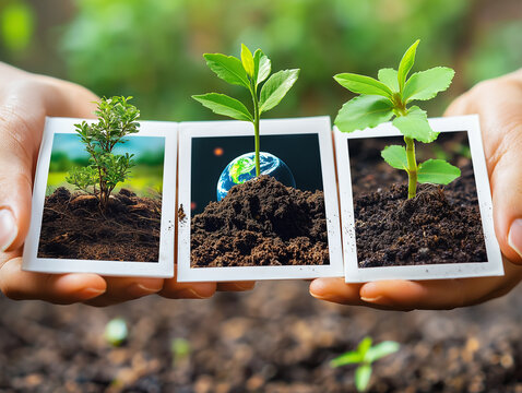 The hands hold Polaroid photographs, which depict scenes of capturing the stages of plant growth in the soil
