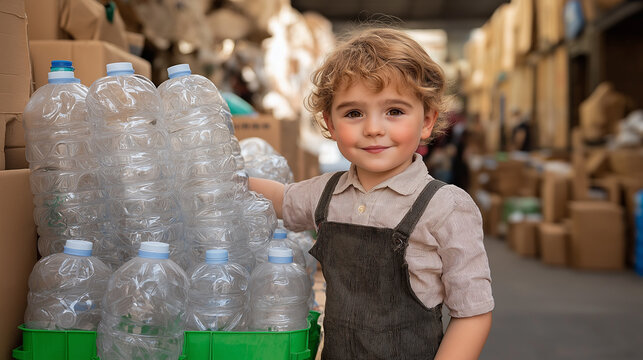Little boy standing next to a stack of empty plastic bottles in a warehouse recycling setting