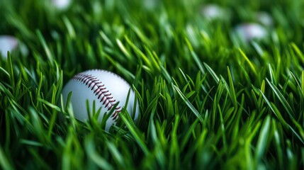Baseball sits on vibrant green grass. Close-up view shows baseballs texture, stitching. Outdoor summer sports scene. Recreation, leisure activity concept. Focus on detail, natural setting. Image
