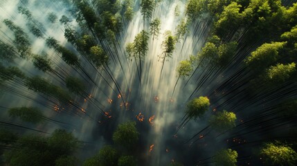 Fototapeta premium Aerial View of Forest Fire with Smoke and Flames Spreading