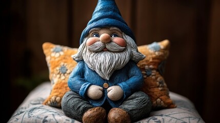 Detailed ceramic gnome figurine with a blue outfit and cheerful face, sitting on decorative cushions. A rustic and charming indoor setting for holiday themes.. AI Generation