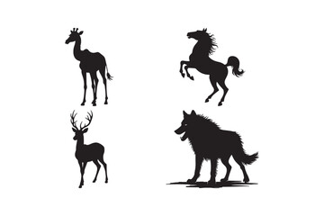 Animal Silhouettes Giraffe, Horse, Deer, and Wolf in Black Vector Art 