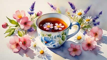 Watercolor painting of tea in floral mug surrounded by peach blossoms and some levender flowers