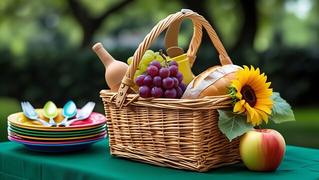 A woven picnic basket overflowing with colorful fruit, a crusty loaf of bread, and bright sunflowers on top