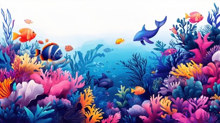 Fototapeta premium Ocean Symphony: An animated underwater panorama, teeming with vibrant marine life amidst a lively coral reef, exuding a sense of wonder and the colorful life of the ocean.