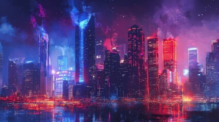 Obraz premium Illuminated skyscrapers reflecting in calm water beneath a night sky