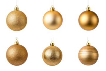 Six decorative golden baubles ornaments spheres, cut out transparent