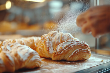 Freshly Baked Croissants Being Dusted with Sugar in Artisan Bakery Kitchen