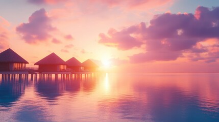 Golden Hour on Paradise: Overwater bungalows stand serene on calm waters as the sun sets, casting a warm glow over a tranquil, idyllic scene, inspiring dreams of escape.