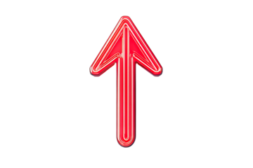 Red neon up arrow sign with transparent background, cut out transparent