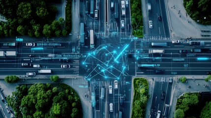 An AI powered system optimizing traffic management by analyzing real time vehicle flow and road conditions, futuristic AI-driven urban traffic control system, Transportation technology style