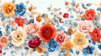Naklejka premium Colorful floral design. Vibrant flowers, leaves in various colors like red orange blue yellow, pink. Creative arrangement of decorative flowers on white background. Embroidered pattern style