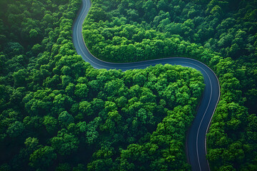 Winding road cutting through a lush green forest captured from above, symbolizing travel, nature, and harmony between infrastructure and environment
