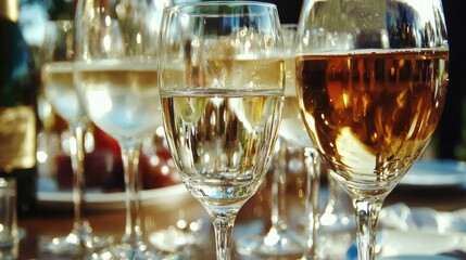 Outdoor party, wine glasses, sunny day, table setting, celebration