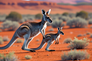 A kangaroo and her joey hopping across the outback, the red earth and sparse shrubs adding vivid contrast to their soft brown fur.