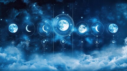 Phases Of The Moon Shining Over A Dreamy Night Sky Filled With Clouds And Stars