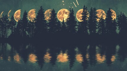 Phases of the Moon Rising Over a Silhouette Forest at Night with Stars Reflected in Water