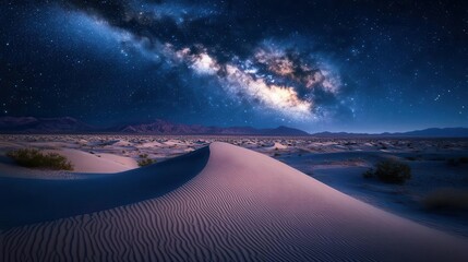 Night Sky Over the Serene Dunes of a Desert with Milky Way and Twinkling Stars
