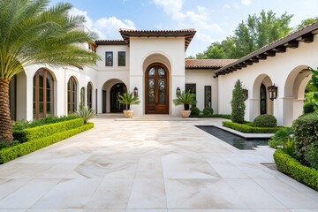 Obraz premium Luxurious white mediterranean villa with elegant landscaping and patio