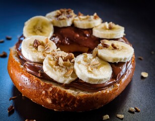 Bagel with nutella and sliced bananas topped with chopped nuts on dark surface