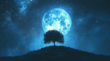 Serene Silhouette of a Tree Under a Bright Moonlit Sky Filled with Stars at Night