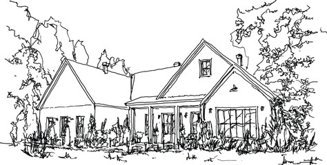 hand drawn architectural sketch of beautiful classic detached village house with garden  and trees
