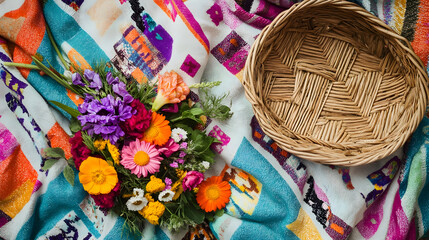 Fototapeta premium Colorful Picnic Blanket Setup with a Basket and Flowers, Lively and Picturesque