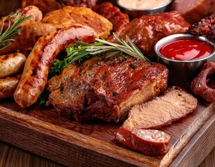 Assorted grilled meats with sausages, ribs, seasonings, and dipping sauces on wooden platter