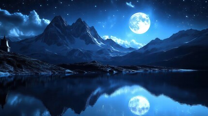 Serene Night Landscape of Majestic Mountains and Moonlit Reflection on Tranquil Lake