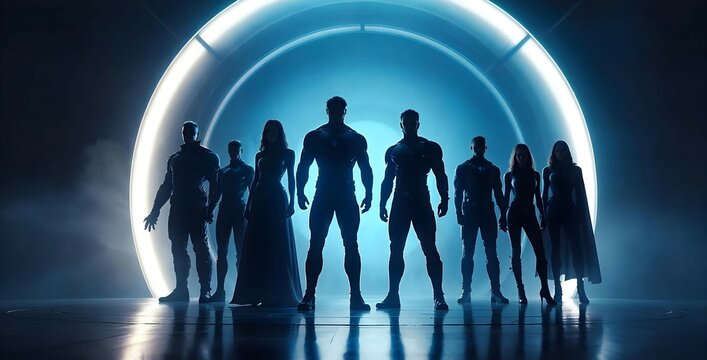Silhouettes of superheroes, futuristic circular portal, glowing blue light, dark background