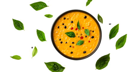 Pumpkin soup, Basil Leaves, Black Pepper, isolated, cut out transparent