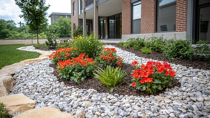 Vibrant flowerbeds adorn modern campus grounds.