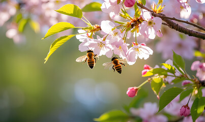 Bees and Cherry Blossoms:Capturing the vibrant dance of life as two bees collect nectar from delicate cherry blossoms in full bloom. Pink cherry blossoms blooming on a tree in spring