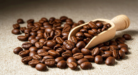 Fototapeta premium A pile of dark brown roasted coffee beans spills across a beige textured surface with a wooden scoop filled with beans. The coffee industry theme highlights rich earthy tones and natural textures.