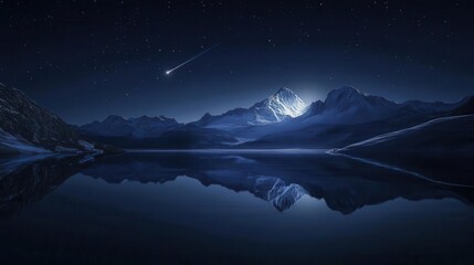 Starry Night Sky Over Snow-Capped Mountains and Tranquil Lake Reflecting Moonlight