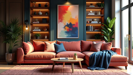 Vibrant and Modern Living Room Design Featuring Boucle Sofa and Personal Touches