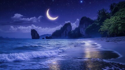 Serene Night Ocean Scene with Crescent Moon and Stars Reflecting on Calm Beach Waves
