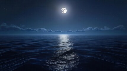 Shimmering Moonlight Over Calm Ocean Waters at Night with Clouds and Stars in the Sky