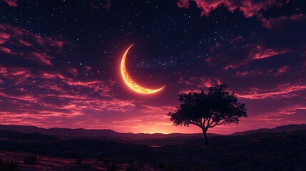 Stunning Crescent Moon Above a Silhouette Tree Against a Vivid Sunset Sky with Stars