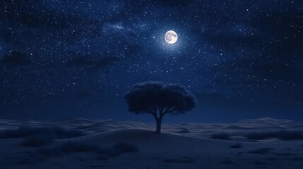 Serene Tree Silhouette Under a Bright Moon and Stars in a Dark Night Sky Landscape