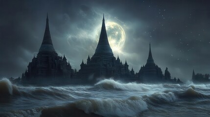Silhouetted Ancient Temple Against Moonlit Night Sky with Turbulent Ocean Waves