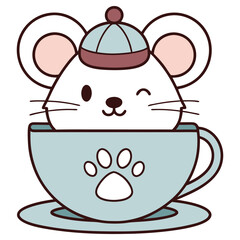 Cute White Mouse Wearing Hat Inside Blue Cup Paw Print